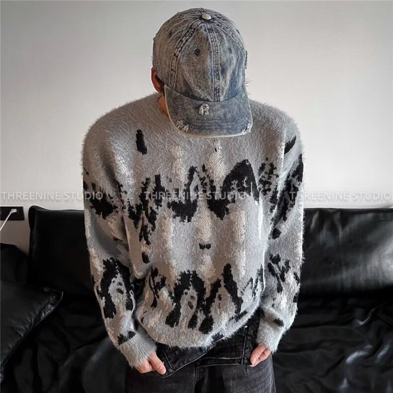 美式复古圆领仿貂绒毛衣男女慵懒风宽松休闲针织衫MY108-P59，男装针织衫/毛衣，星座208-5