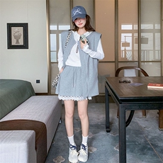 灰色休闲减龄套装裙女2025春新款韩版宽松马甲连帽内搭短裙三件套，女装套装/套裙，2C159
