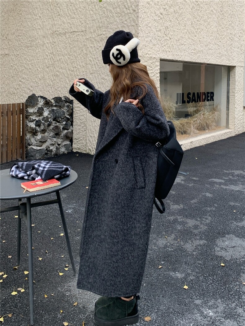 现货新款韩范中长款过膝双面羊绒大衣黑灰色高端毛呢外套女装,女装双面呢大衣,网红馆