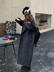 现货新款韩范中长款过膝双面羊绒大衣黑灰色高端毛呢外套女装图片