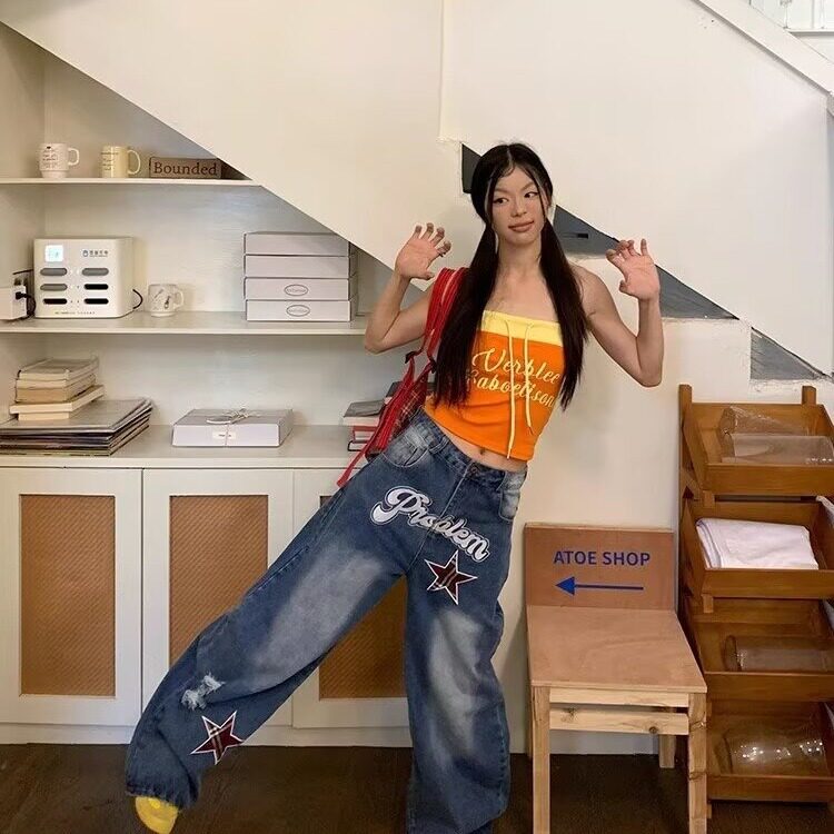 美式复古设计感星星刺绣阔腿牛仔裤男女宽松显瘦直筒拖地弯刀裤子,男装牛仔裤,星座1210-1