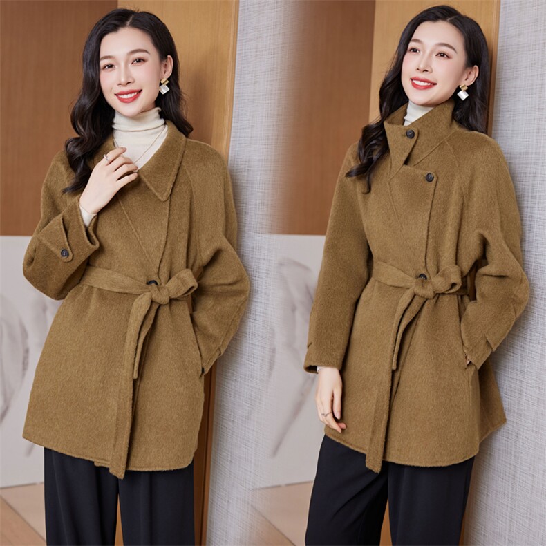 时尚显瘦系带双面羊毛呢大衣女外套气质百搭修身长款风衣,女装双面呢大衣,阿舍尔精品