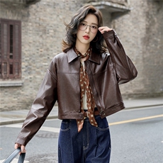 港风复古机车短款皮衣外套女2025秋新款翻领小个子超好看夹克上衣，女装皮衣，英标秀（1C119）