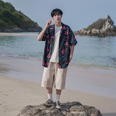 潮嘻哈夏季复古满印短袖衬衫男潮流B225-C891-X78-P58-沙滩款，男装T恤，电商B225