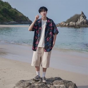 潮嘻哈夏季复古满印短袖衬衫男潮流B225-C891-X78-P58-沙滩款图片