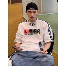 夏季美式高街重磅纯棉三条杠织带撞色男女短袖T恤STG305特P25，男装T恤，电商A486