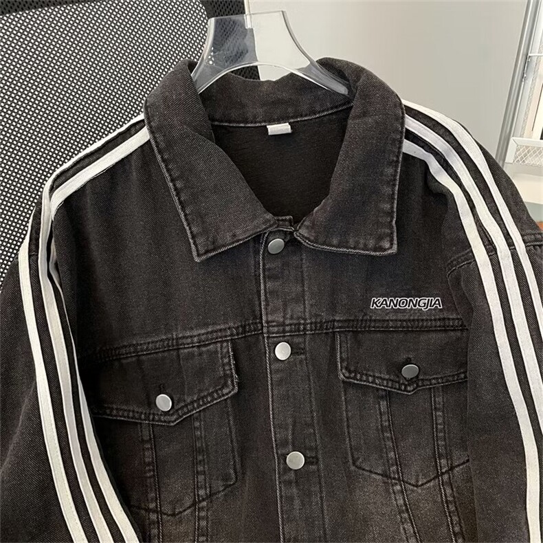 拼接条纹牛仔夹克宽松男士衣服春秋季美式设计感工装外套J69,男装夹克,星座1116A-1（原606A）