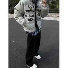 亿万少年BUFU潮牌美式假两件格子棉服外套男女冬季情侣徽章棉衣，男装棉衣，四季星座505