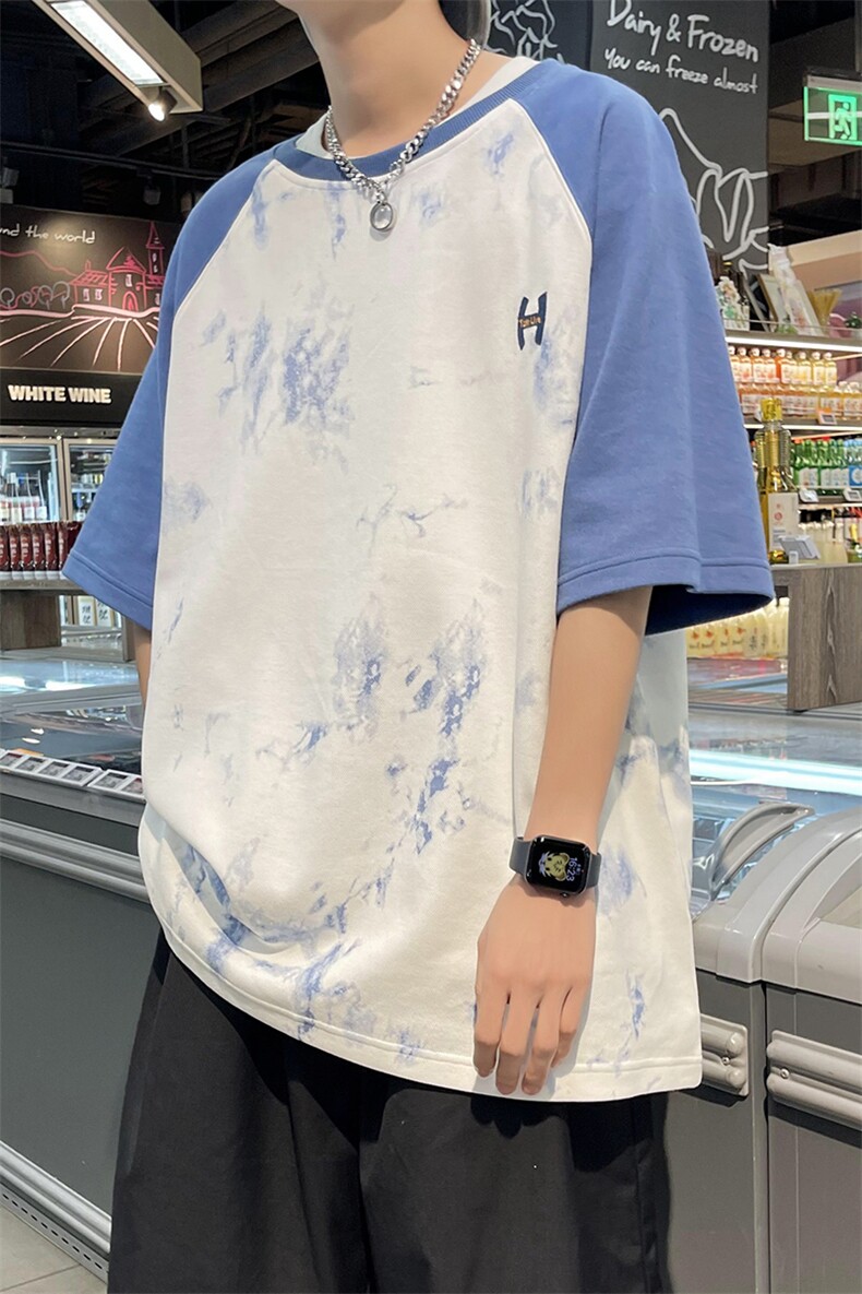 新款夏季短袖珠地面料宽松刺绣印花假两件男士T恤ZDY3414-P50，男装T恤，星座717