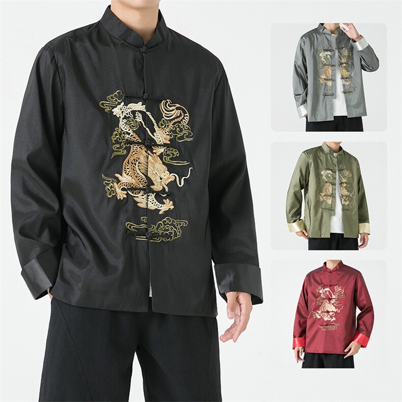 JK2318^新中式唐装男风秋冬季刺绣长袖夹克复古龙纹汉服外套图片