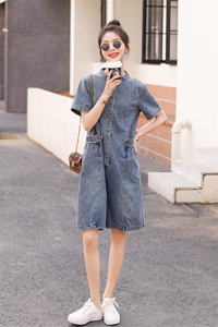 欧货复古气质牛仔连体裤女2025夏季新款休闲宽松阔腿工装连衣短裤图片