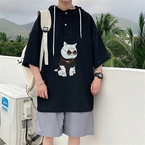 LD54044-P45 连帽短袖t恤男大码胖子带帽五分袖中袖图片