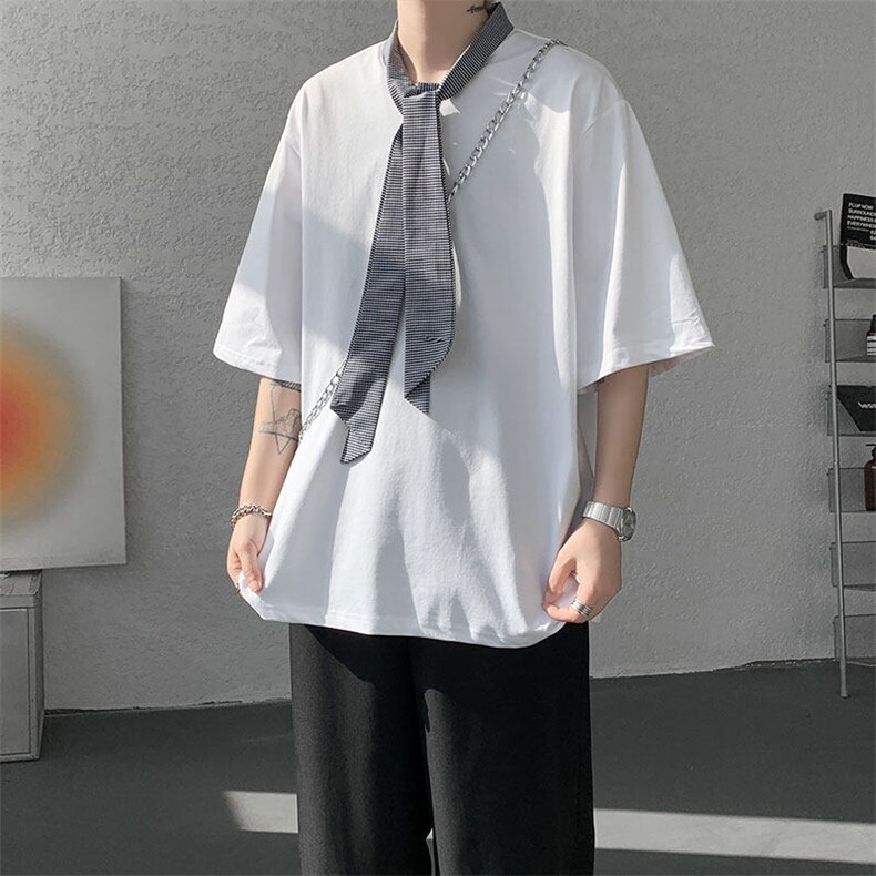T10136-特批35控68新款小众夏季短袖撞色拼接双纱面料大码T恤,男装T恤,电商A059