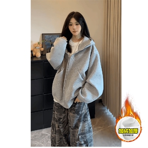 480G重磅加绒硬挺boxy 男女秋冬美式高街卫衣铆钉拼接开衫厚外套图片