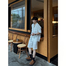 夏季松弛感老钱风长袖衬衫套装天丝亚麻休闲宽松短裤TZ089-P85，男装衬衫，星座1004-3