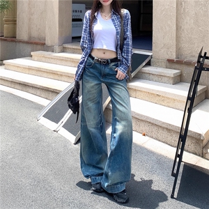 美式水洗蓝猫须直筒牛仔裤女秋季新款显瘦宽松百搭垂感拖地裤图片