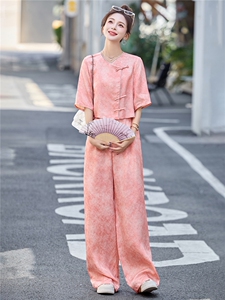 巨好看的年轻洋气套装女2025夏季新款民国风中式盘扣超火两件套裤图片