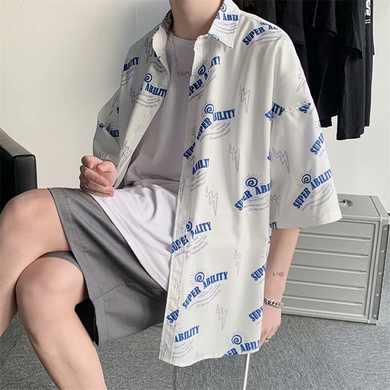 满印衬衫男士短袖夏季港风日系慵懒风衬衣宽松设计感小众寸衫外套,男装T恤,星座1210-1