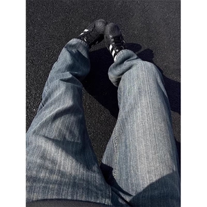美式复古vibe裤子男竹节纹牛仔裤宽松直筒显瘦微喇裤KZ8027图片