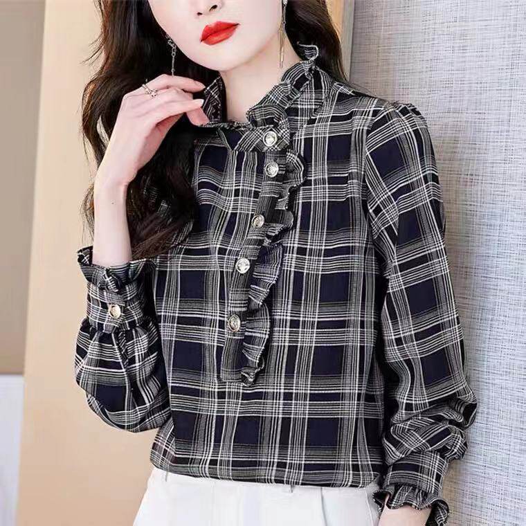 格子雪纺衬衫女士春装2021年新款秋时尚欧货上衣小衫长袖洋气衬衣图片