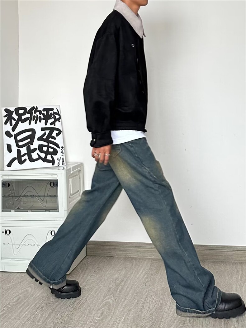 美式复古显瘦高vibe风水洗做旧宽松微喇叭牛仔裤男女垂感直筒长裤,男装牛仔裤,星座601-2
