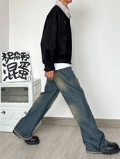 美式复古显瘦高vibe风水洗做旧宽松微喇叭牛仔裤男女垂感直筒长裤，男装牛仔裤，星座601-2