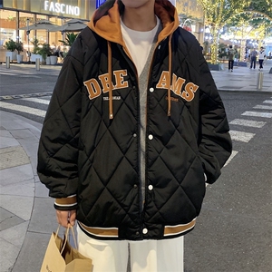 假两件羽绒棉服男士2024冬季新款潮牌美式菱形格棉衣情侣棉袄外套图片