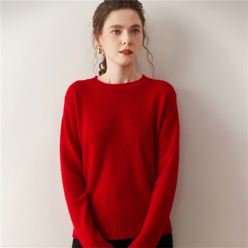 新款星星圆领纯色针织套头衫休闲风，女装针织衫/毛衣，广悦羊绒