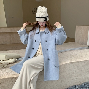 蓝色双面羊毛大衣女中长款秋冬新款韩系小个子学院风减龄毛呢外套图片