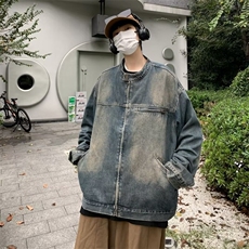 美式复古牛仔外套秋季潮牌宽松水洗做旧上衣痞帅休闲立领夹克，男装夹克，星座601-2