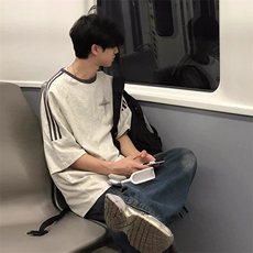 夏季美式高街重磅纯棉三条杠织带撞色男女短袖T恤ZD313-特P30，男装T恤，电商A486