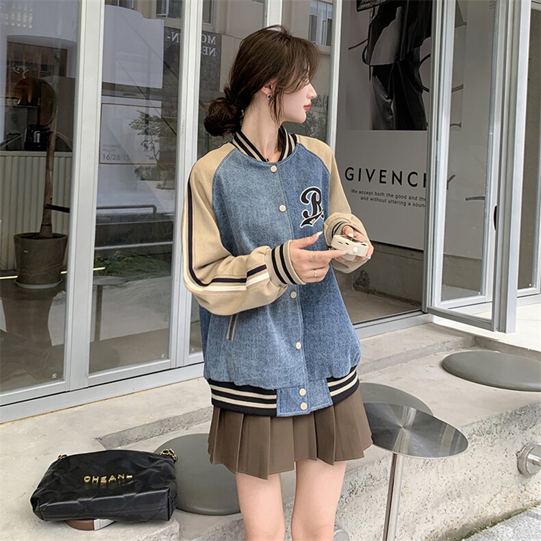独特超好看牛仔拼接棒球服外套女春2025新款美式休闲宽松夹克上衣,女装短外套,辉之琳