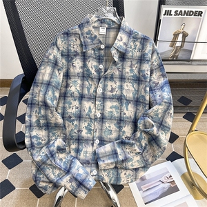港风秋款男扎染条纹树叶格子印花休闲长袖衬衣CS544 P45图片