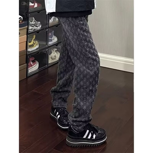 欧美高街hiphop高端男士牛仔裤满印提花潮牌宽松直筒美式微喇裤子图片