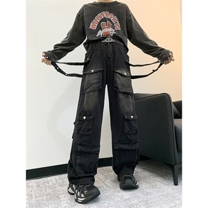 大码多口袋复古阔腿牛仔裤男女秋季新款宽松街头嘻哈裤潮B15/P74图片