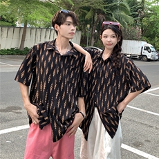 EQ405麦穗印花夏季同色系情侣装夏季沙滩旅游度假短袖衬衫男女，男装衬衫，电商C306-1