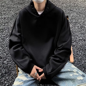 港风秋款男连帽卫衣拼接款按扣宽松休闲外套WY44 P55图片