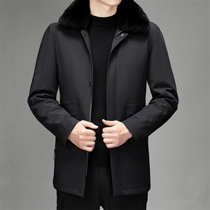 90%白鹅绒羽绒服男翻领冬休闲气质中长款毛领可拆羽绒SJ6611-P505图片