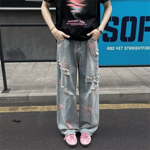 复古水洗牛仔裤男女潮牌宽松百搭直筒长裤男4126 P49图片