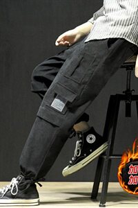 K1016-P45加绒P50秋冬日系黑墙大码工装灯芯绒加厚宽松休闲裤图片