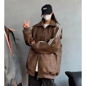 早春翻领情侣PU皮衣夹克外套男女同款休闲美式复古潮牌JKK06P75图片