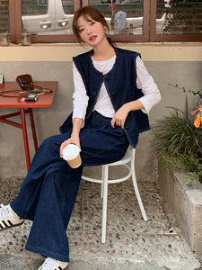 韩系蓝色小香风牛仔套装女2025春季新款时尚休闲马甲阔腿裤两件套图片