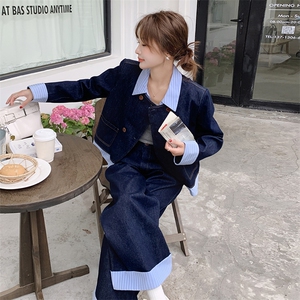 春装搭配一整套假两件牛仔套装女2025年新款休闲外套直筒裤两件套图片
