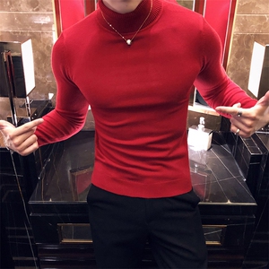 M09/p45两翻高领毛衣男 秋冬纯色修身长袖针织打底衫男高领毛衣图片