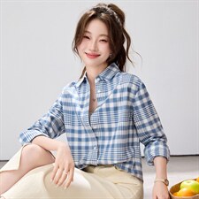 2026春夏新款蓝白格纹衬衫女学院风宽松慵懒风叠穿衬衣透气纯棉，女装衬衫，艾米