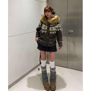 重磅北极绒座山雕大毛毛领毛衣外套冬美式复古休闲慵懒风针织开衫图片