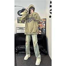 破洞牛仔裤男高街欧美慵懒韩风潮流文艺时尚潮裤N01669-P45，男装牛仔裤，星座308B-1