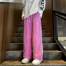 粉色速干男式休闲裤秋天薄款垂感宽松多巴胺穿搭阔腿裤子潮牌，男装休闲裤，四季星座218-1