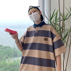 夏季百搭翻领polo衫港风潮流条纹撞色宽松短袖T恤男T1170-P31，男装Polo衫，星座512-2