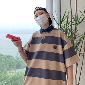 夏季百搭翻领polo衫港风潮流条纹撞色宽松短袖T恤男 T1170-P31图片